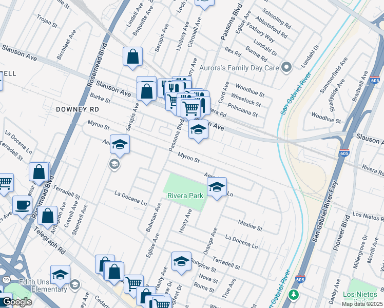 map of restaurants, bars, coffee shops, grocery stores, and more near 9449 Myron Street in Pico Rivera