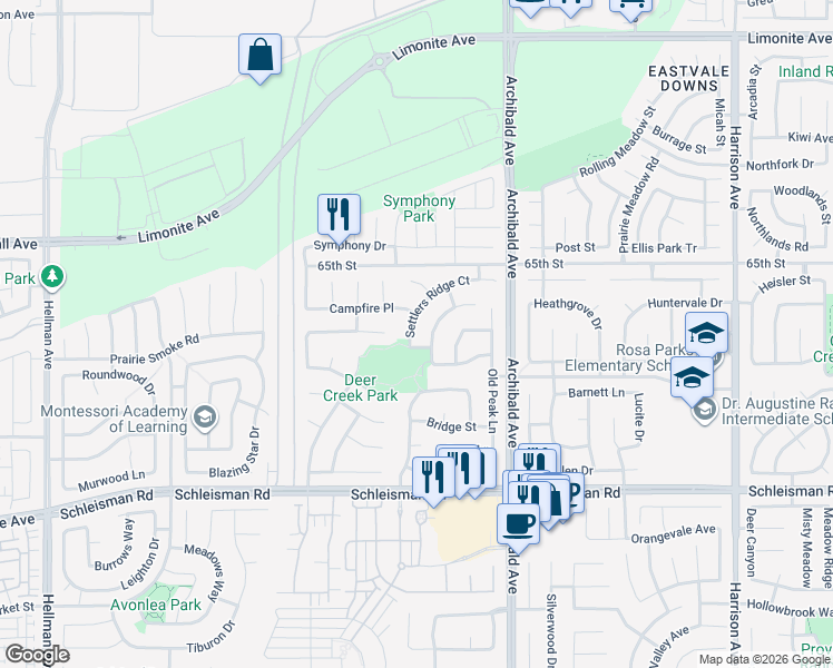 map of restaurants, bars, coffee shops, grocery stores, and more near 14391 Settlers Ridge Court in Corona