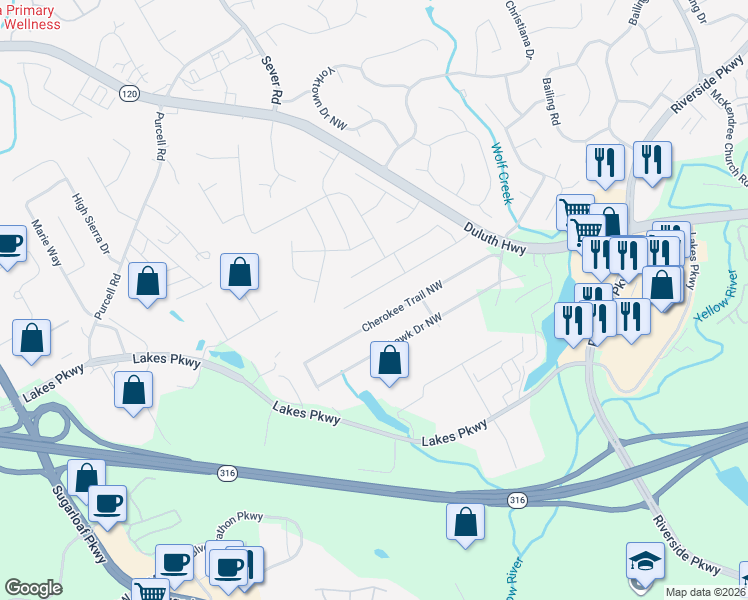 map of restaurants, bars, coffee shops, grocery stores, and more near 1420 Howard Way in Lawrenceville