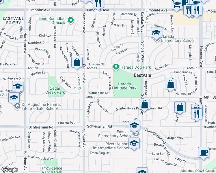 map of restaurants, bars, coffee shops, grocery stores, and more near 6757 Black Forest Drive in Corona