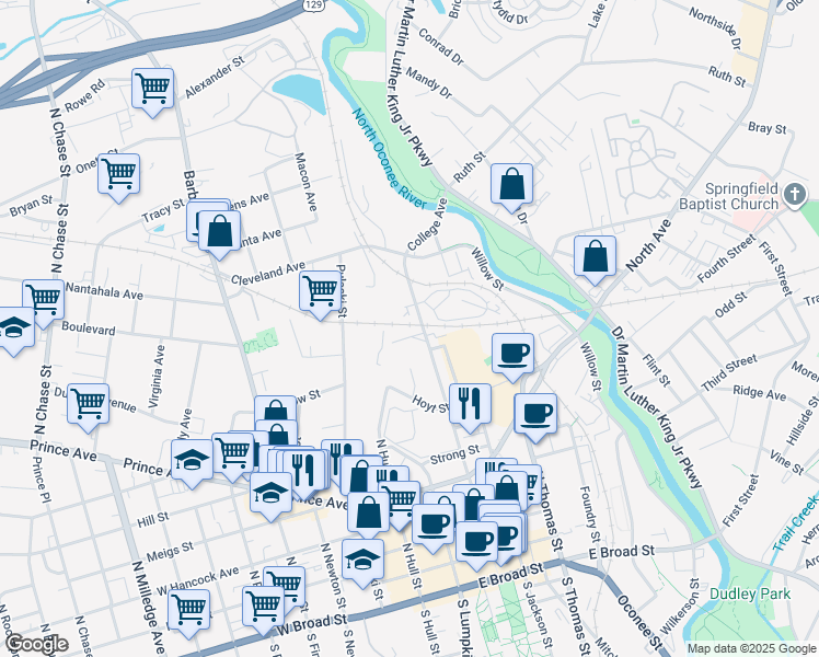 map of restaurants, bars, coffee shops, grocery stores, and more near 101 Ware Street in Athens