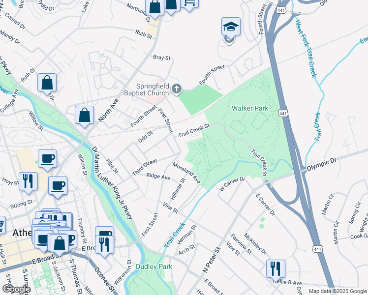 map of restaurants, bars, coffee shops, grocery stores, and more near 310 First Street in Athens