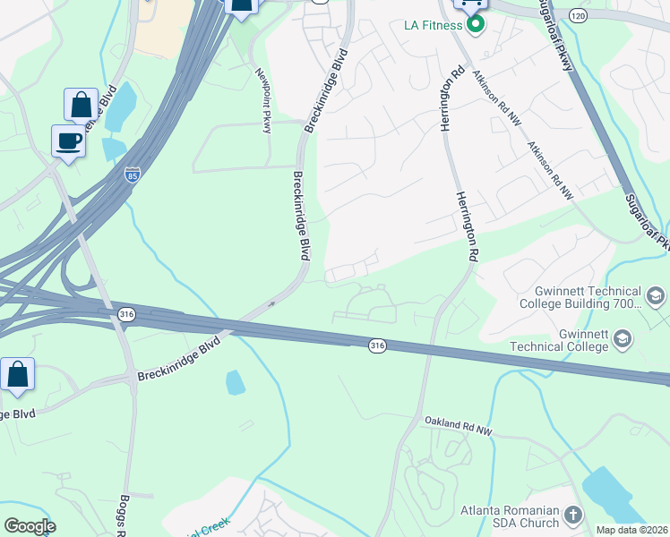 map of restaurants, bars, coffee shops, grocery stores, and more near 2284 Spin Drift Way in Lawrenceville