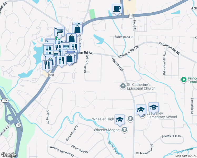 map of restaurants, bars, coffee shops, grocery stores, and more near 641 McBurnette Road North East in Marietta