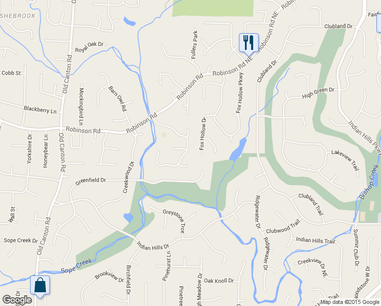 map of restaurants, bars, coffee shops, grocery stores, and more near 734 Robinson Farms Drive Northeast in Marietta