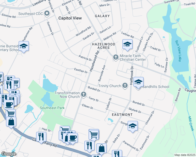 map of restaurants, bars, coffee shops, grocery stores, and more near 1527 Burnside Avenue in Columbia
