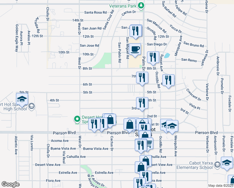 map of restaurants, bars, coffee shops, grocery stores, and more near 66289 5th Street in Desert Hot Springs