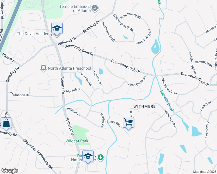 map of restaurants, bars, coffee shops, grocery stores, and more near 5617 Mill Race Court in Dunwoody