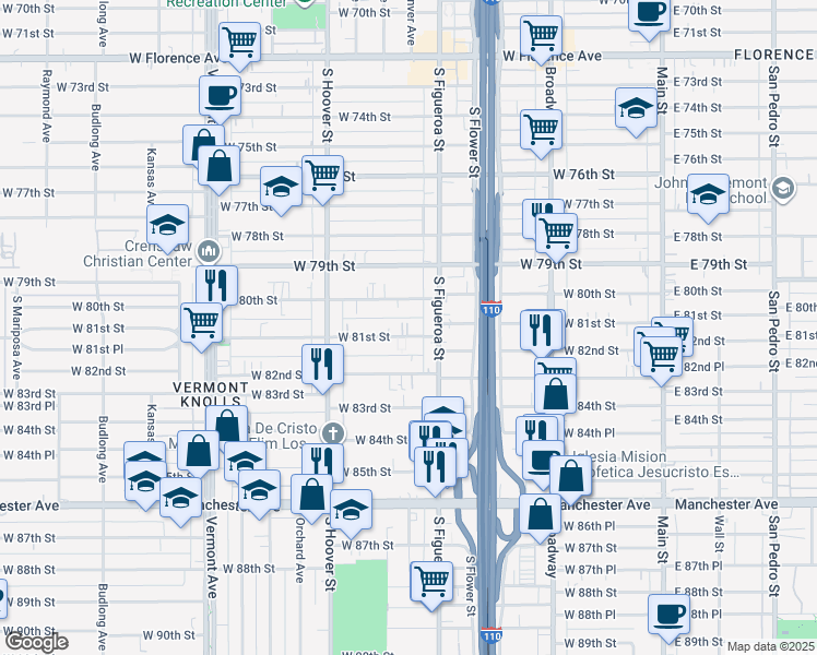 map of restaurants, bars, coffee shops, grocery stores, and more near 531 West 81st Street in Los Angeles