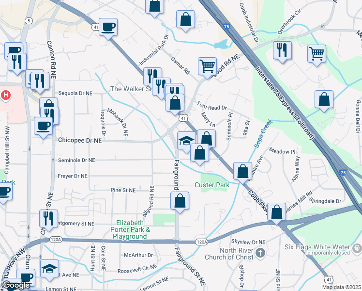 map of restaurants, bars, coffee shops, grocery stores, and more near 590 Fairground Street Northeast in Marietta