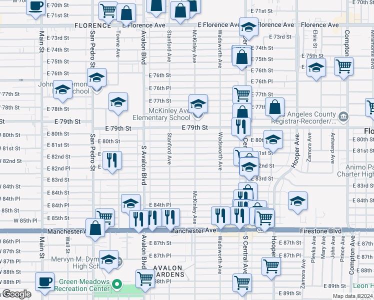 map of restaurants, bars, coffee shops, grocery stores, and more near 743 East 81st Street in Los Angeles