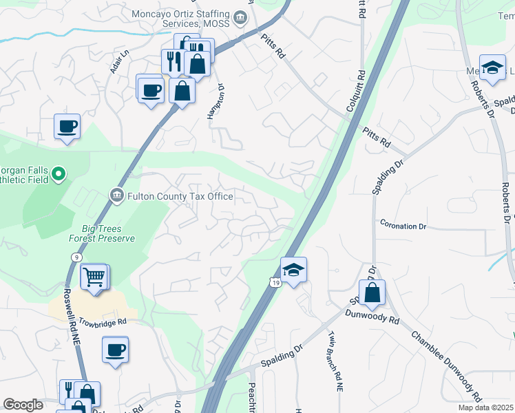 map of restaurants, bars, coffee shops, grocery stores, and more near Treelodge Parkway in Sandy Springs