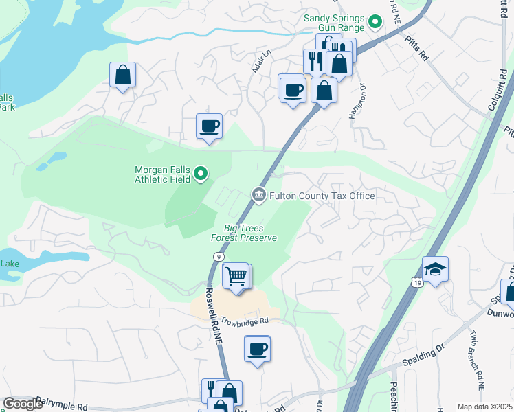 map of restaurants, bars, coffee shops, grocery stores, and more near 7741 Georgia 9 in Sandy Springs