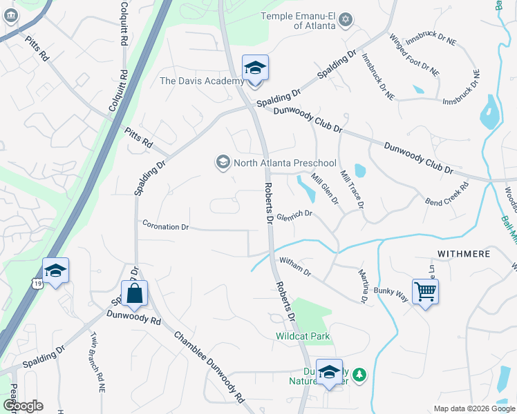 map of restaurants, bars, coffee shops, grocery stores, and more near 5630 Roberts Drive in Dunwoody