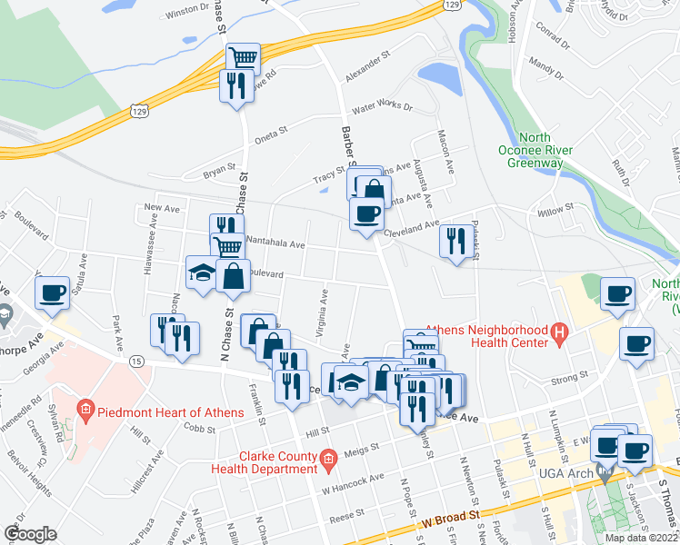 map of restaurants, bars, coffee shops, grocery stores, and more near 296 Boulevard in Athens