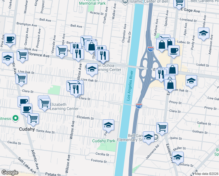 map of restaurants, bars, coffee shops, grocery stores, and more near 5244 Live Oak Street in Cudahy