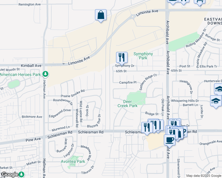 map of restaurants, bars, coffee shops, grocery stores, and more near 6713 Ruby Canyon Drive in Corona
