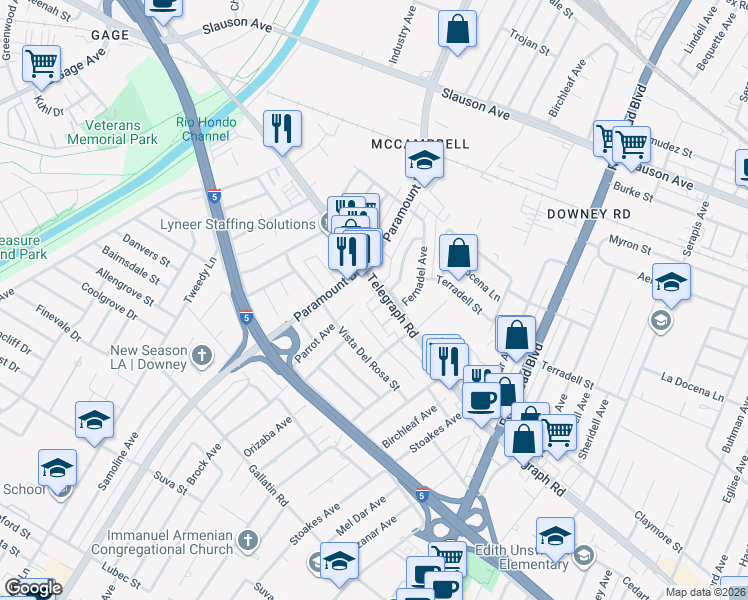 map of restaurants, bars, coffee shops, grocery stores, and more near 8238 Telegraph Road in Downey