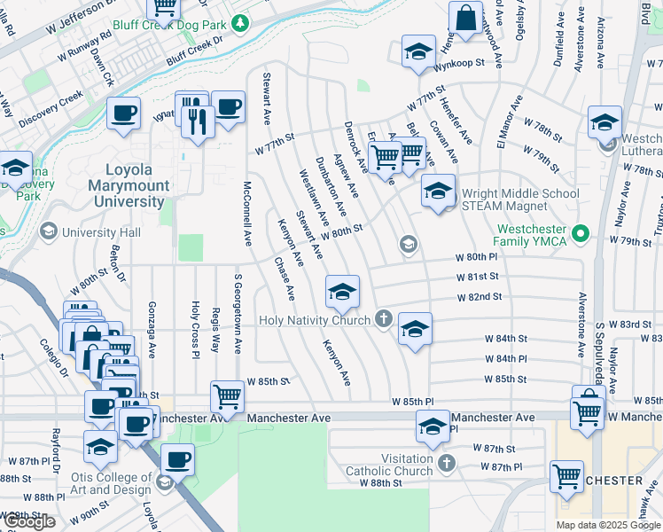 map of restaurants, bars, coffee shops, grocery stores, and more near 8037 Westlawn Avenue in Los Angeles