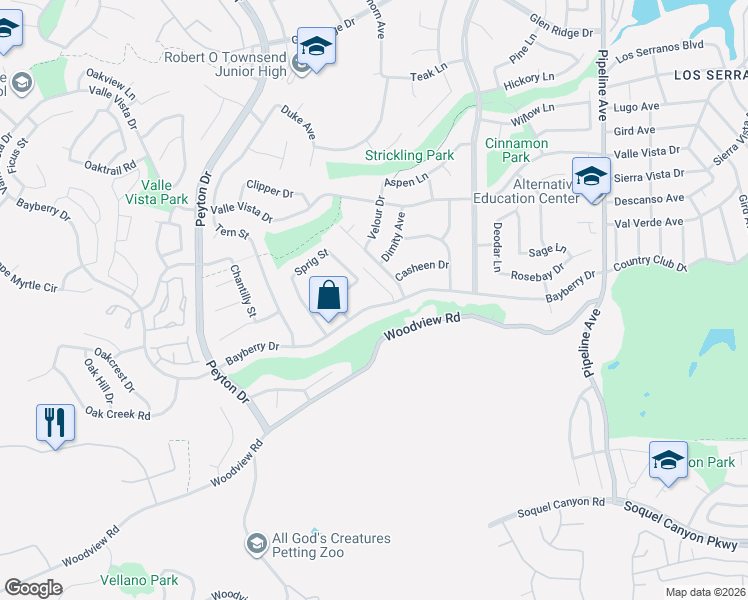 map of restaurants, bars, coffee shops, grocery stores, and more near 3652 Bayberry Drive in Chino Hills