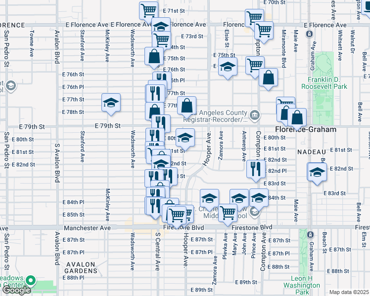 map of restaurants, bars, coffee shops, grocery stores, and more near 1203 East 81st Street in Los Angeles