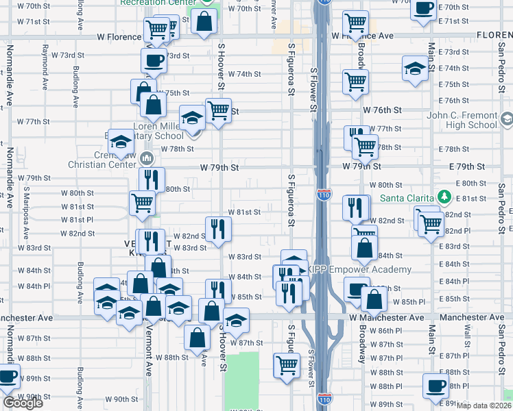 map of restaurants, bars, coffee shops, grocery stores, and more near 621 West 81st Street in Los Angeles
