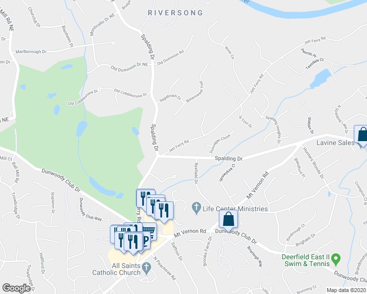 map of restaurants, bars, coffee shops, grocery stores, and more near 7775 Jett Ferry Road in Atlanta