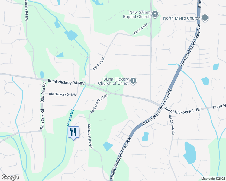 map of restaurants, bars, coffee shops, grocery stores, and more near 2430 Burnt Hickory Road Northwest in Marietta