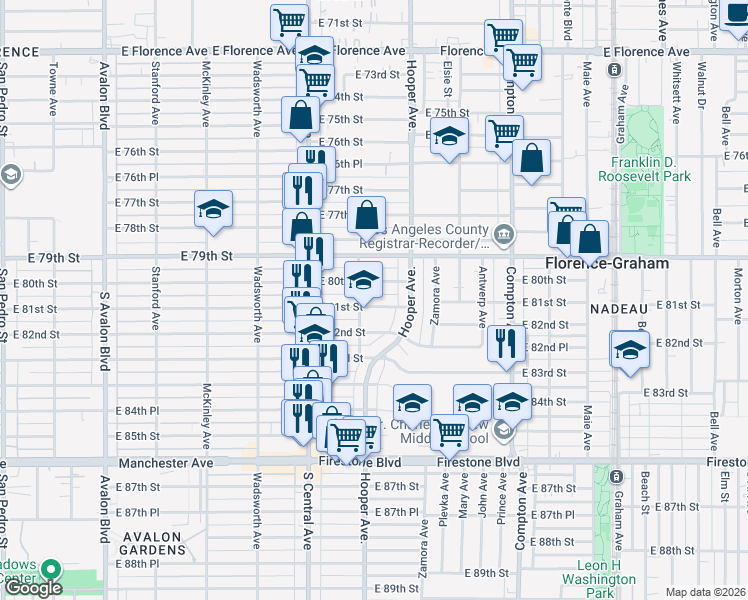 map of restaurants, bars, coffee shops, grocery stores, and more near 1219 East 81st Street in Los Angeles