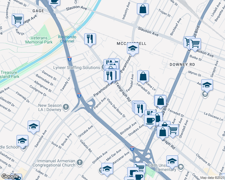 map of restaurants, bars, coffee shops, grocery stores, and more near 8535 Parrot Avenue in Downey