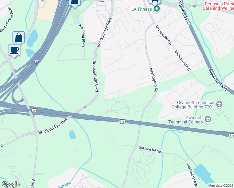 map of restaurants, bars, coffee shops, grocery stores, and more near 1620 Halliard Drive in Lawrenceville