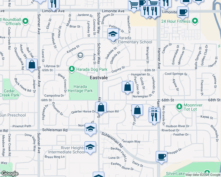 map of restaurants, bars, coffee shops, grocery stores, and more near 12939 Mustang Street in Corona