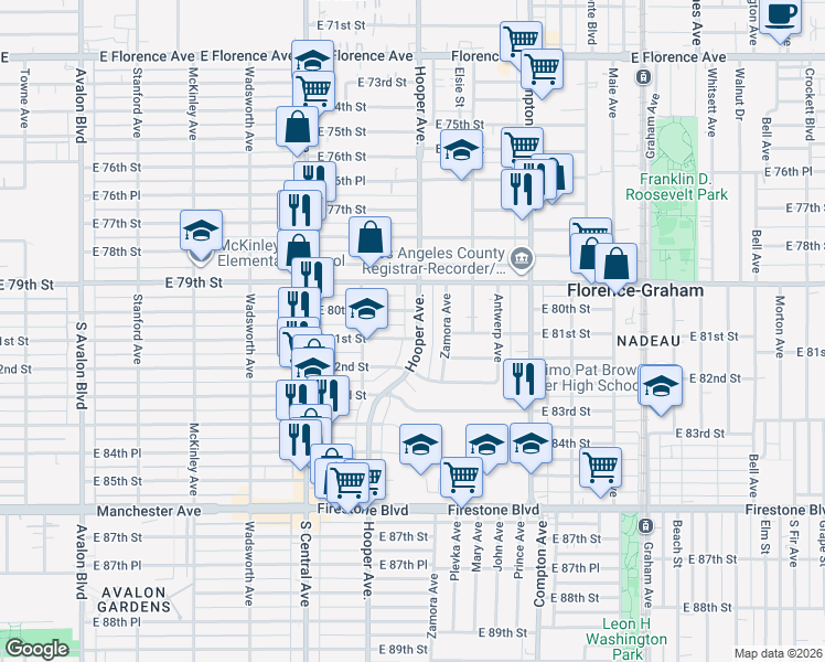 map of restaurants, bars, coffee shops, grocery stores, and more near 8023 Hooper Avenue in Los Angeles