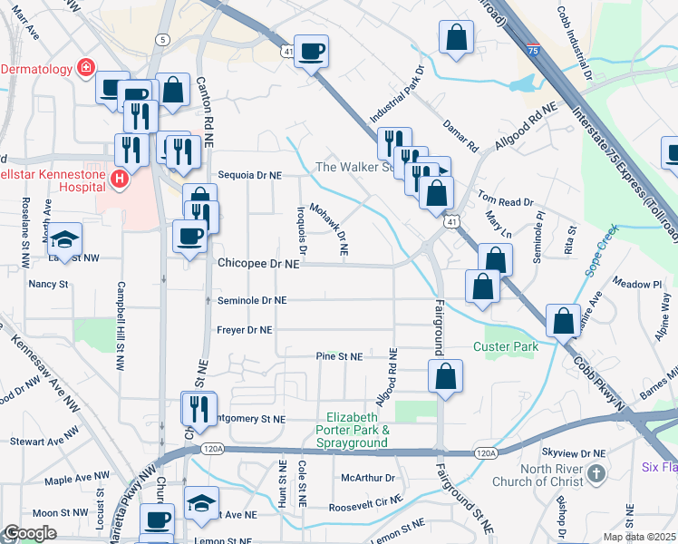 map of restaurants, bars, coffee shops, grocery stores, and more near 370 Chicopee Drive Northeast in Marietta