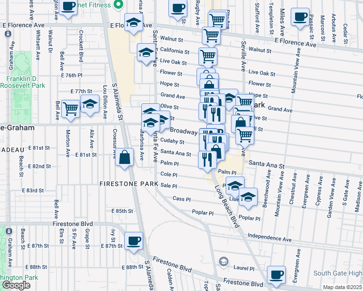 map of restaurants, bars, coffee shops, grocery stores, and more near 2450 Cudahy Street in Huntington Park