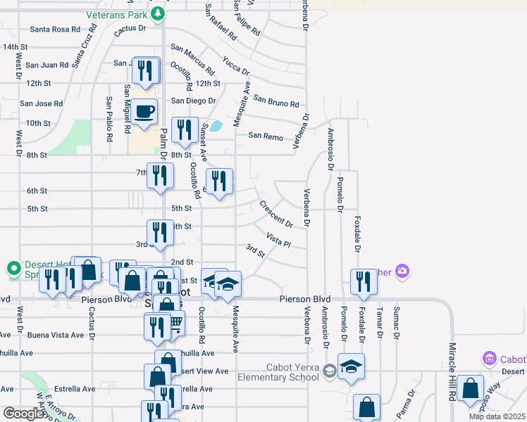 map of restaurants, bars, coffee shops, grocery stores, and more near 66823 5th Street in Desert Hot Springs
