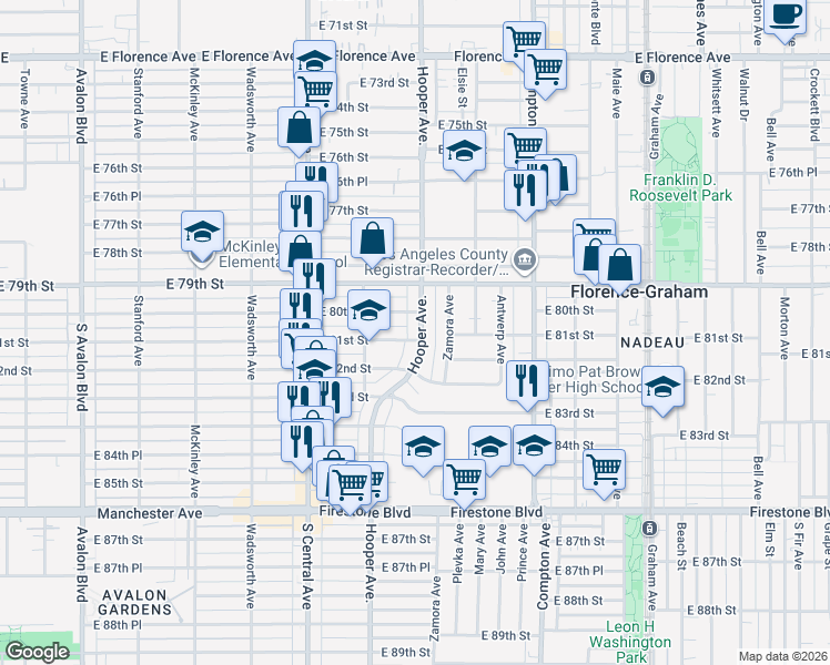 map of restaurants, bars, coffee shops, grocery stores, and more near 8023 Hooper Avenue in Los Angeles