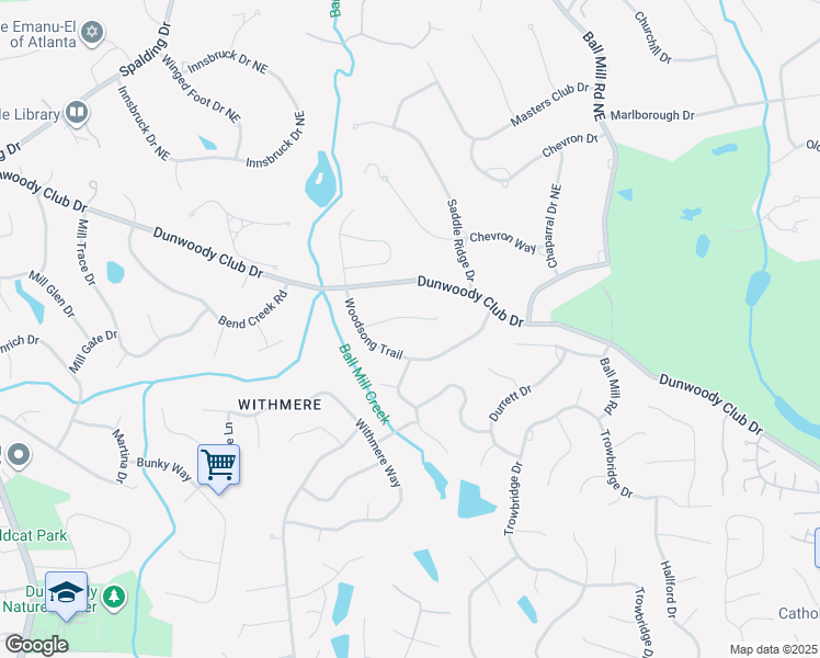 map of restaurants, bars, coffee shops, grocery stores, and more near 3745 Woodsong Court in Dunwoody