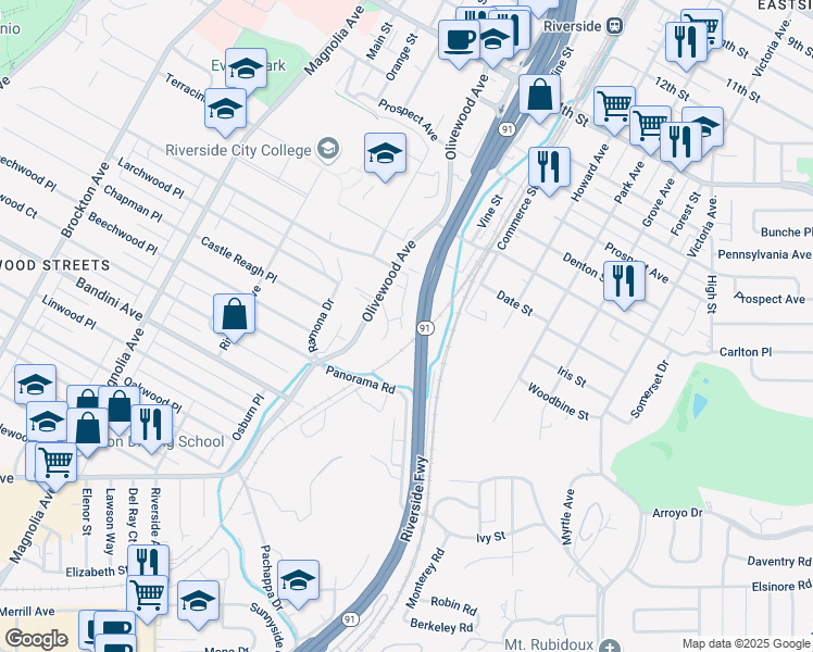 map of restaurants, bars, coffee shops, grocery stores, and more near 5050 Brooks Street in Riverside