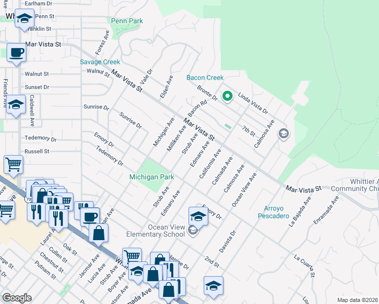 map of restaurants, bars, coffee shops, grocery stores, and more near 8158 Strub Avenue in Whittier