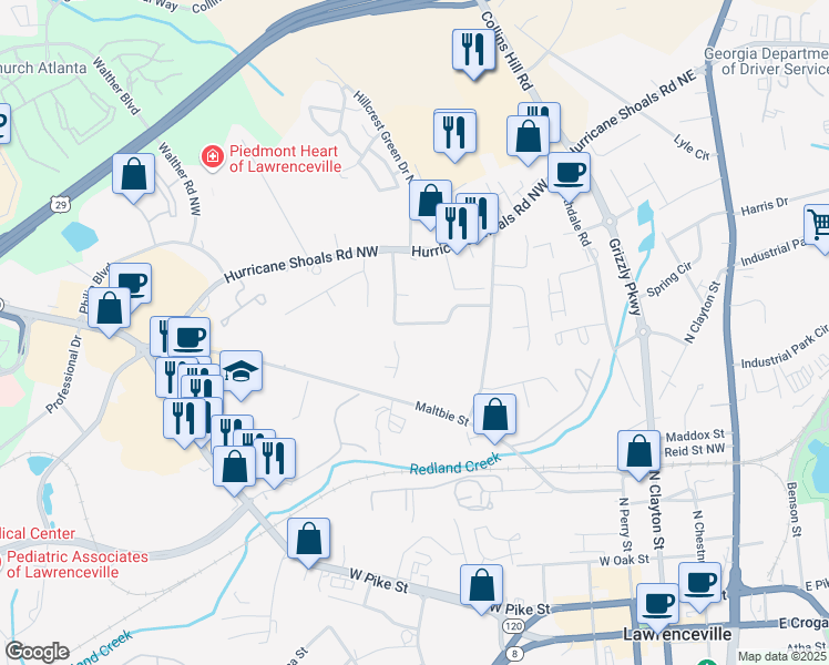 map of restaurants, bars, coffee shops, grocery stores, and more near 452 Downing St in Lawrenceville