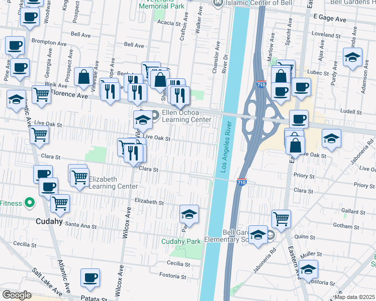 map of restaurants, bars, coffee shops, grocery stores, and more near 5162 Live Oak Street in Cudahy