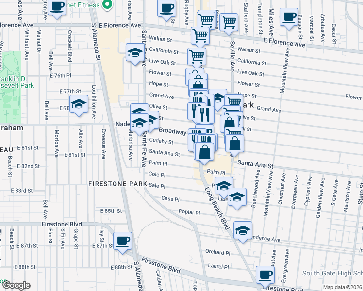 map of restaurants, bars, coffee shops, grocery stores, and more near 2522 Cudahy Street in Walnut Park