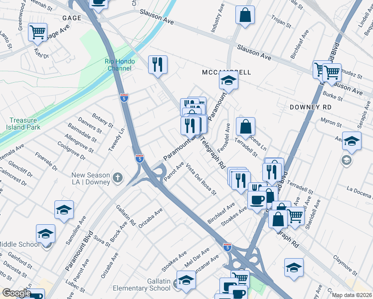 map of restaurants, bars, coffee shops, grocery stores, and more near 8548 Paramount Boulevard in Downey