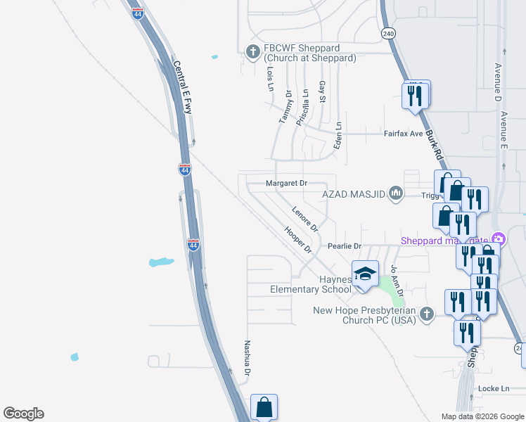 map of restaurants, bars, coffee shops, grocery stores, and more near 4029 Hooper Drive in Wichita Falls