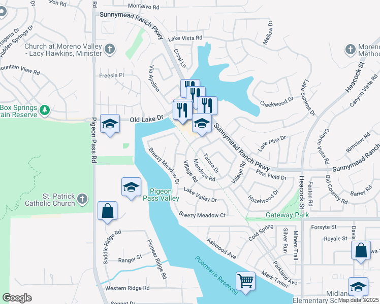 map of restaurants, bars, coffee shops, grocery stores, and more near 10640 Village Road in Moreno Valley