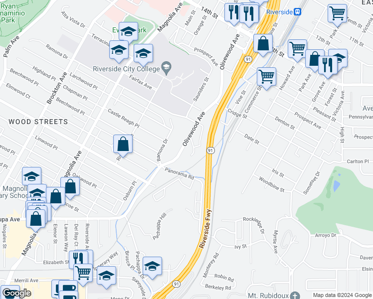 map of restaurants, bars, coffee shops, grocery stores, and more near 5134 Olivewood Avenue in Riverside