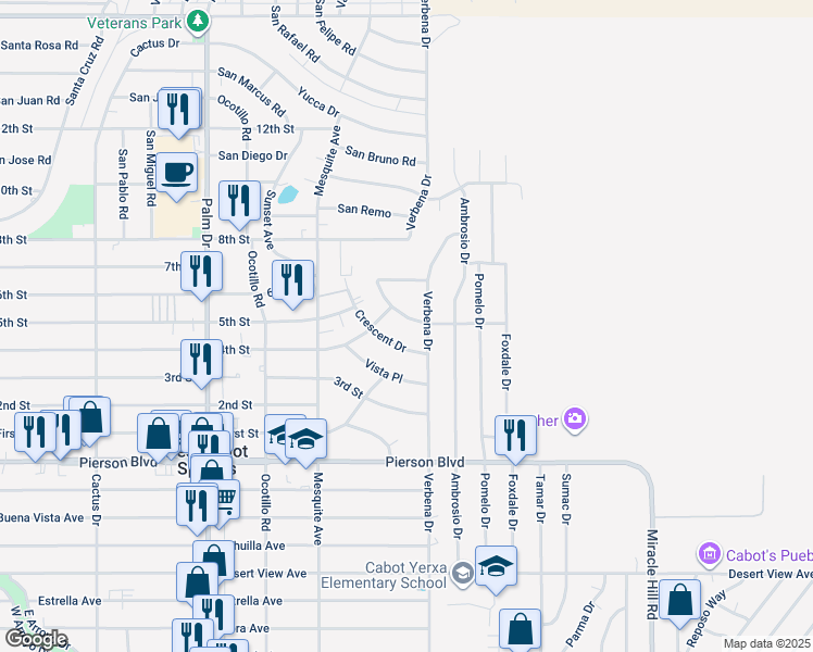 map of restaurants, bars, coffee shops, grocery stores, and more near 11331 Verbena Drive in Desert Hot Springs