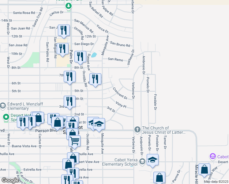 map of restaurants, bars, coffee shops, grocery stores, and more near 66823 5th Street in Desert Hot Springs
