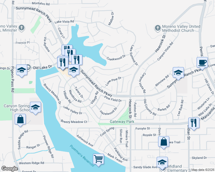 map of restaurants, bars, coffee shops, grocery stores, and more near 23803 Lone Pine Drive in Moreno Valley